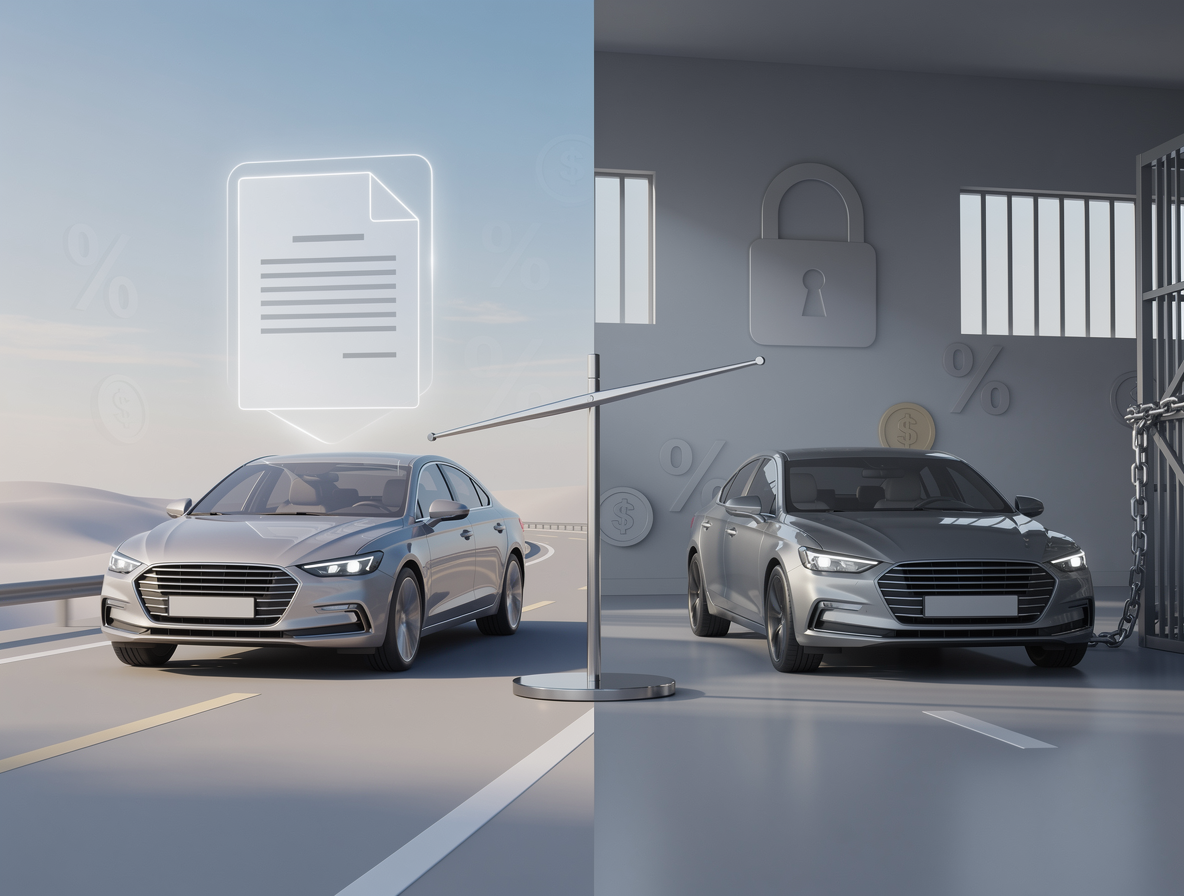 Абстрактная иллюстрация, сравнивающая залог ПТС с доступом к автомобилю на дороге и классический залог с машиной на спецстоянке, разделённые весами.