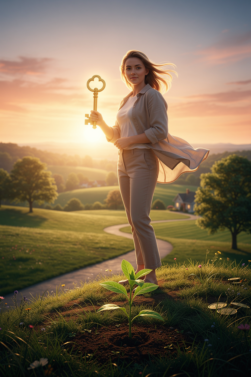 Человек на холме с золотым ключом на фоне заката, символизирующий доступ к финансовым возможностям и успешный путь.