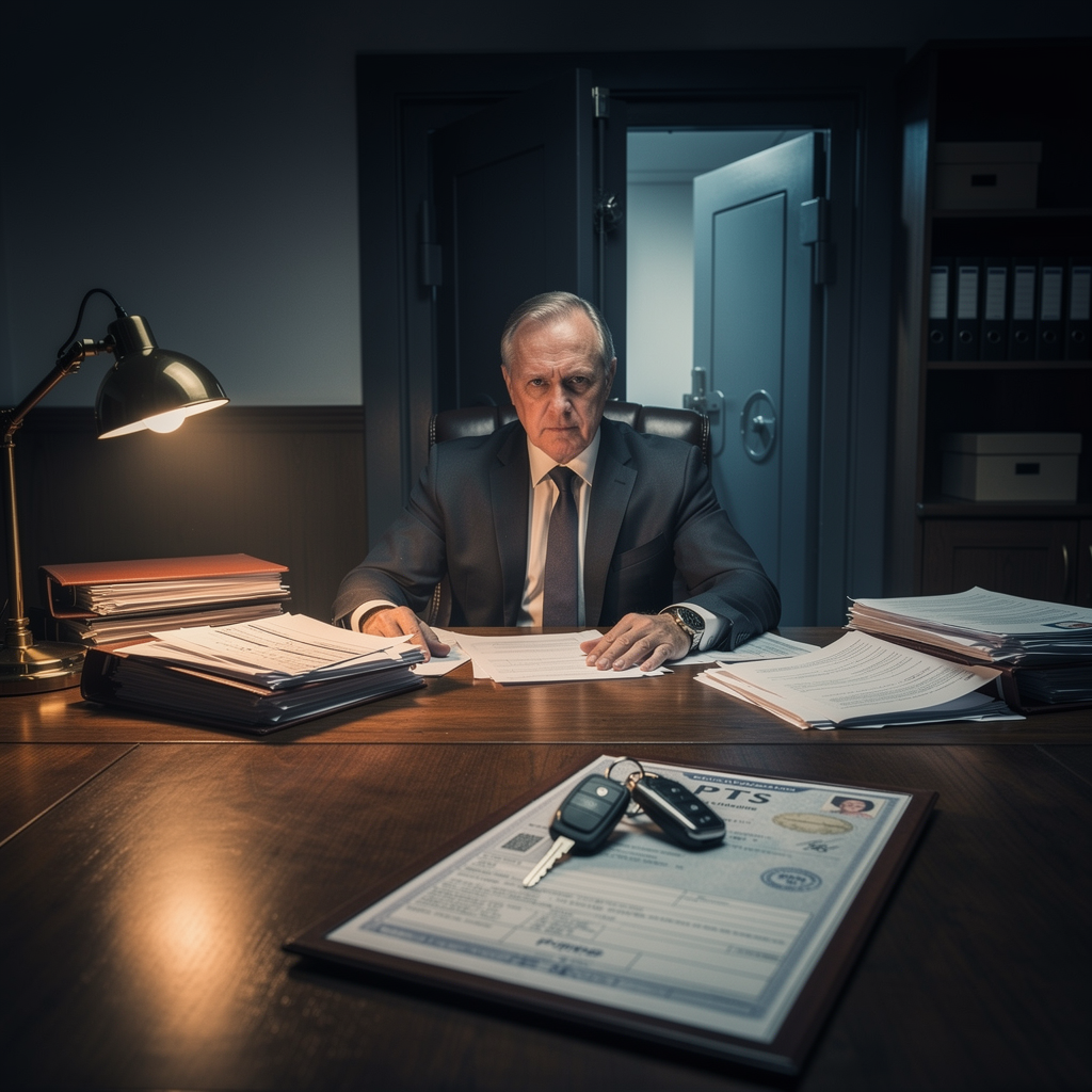 Серьёзный мужчина в офисе изучает документы на фоне открытого сейфа, символизируя риски займов под залог автомобиля.