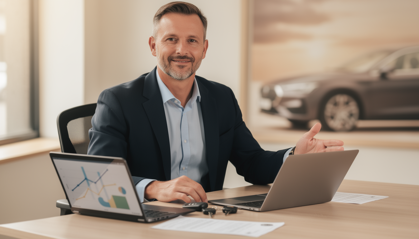 Финансовый консультант объясняет условия займа под залог ПТС в офисе, с документами и ключами от автомобиля на столе.