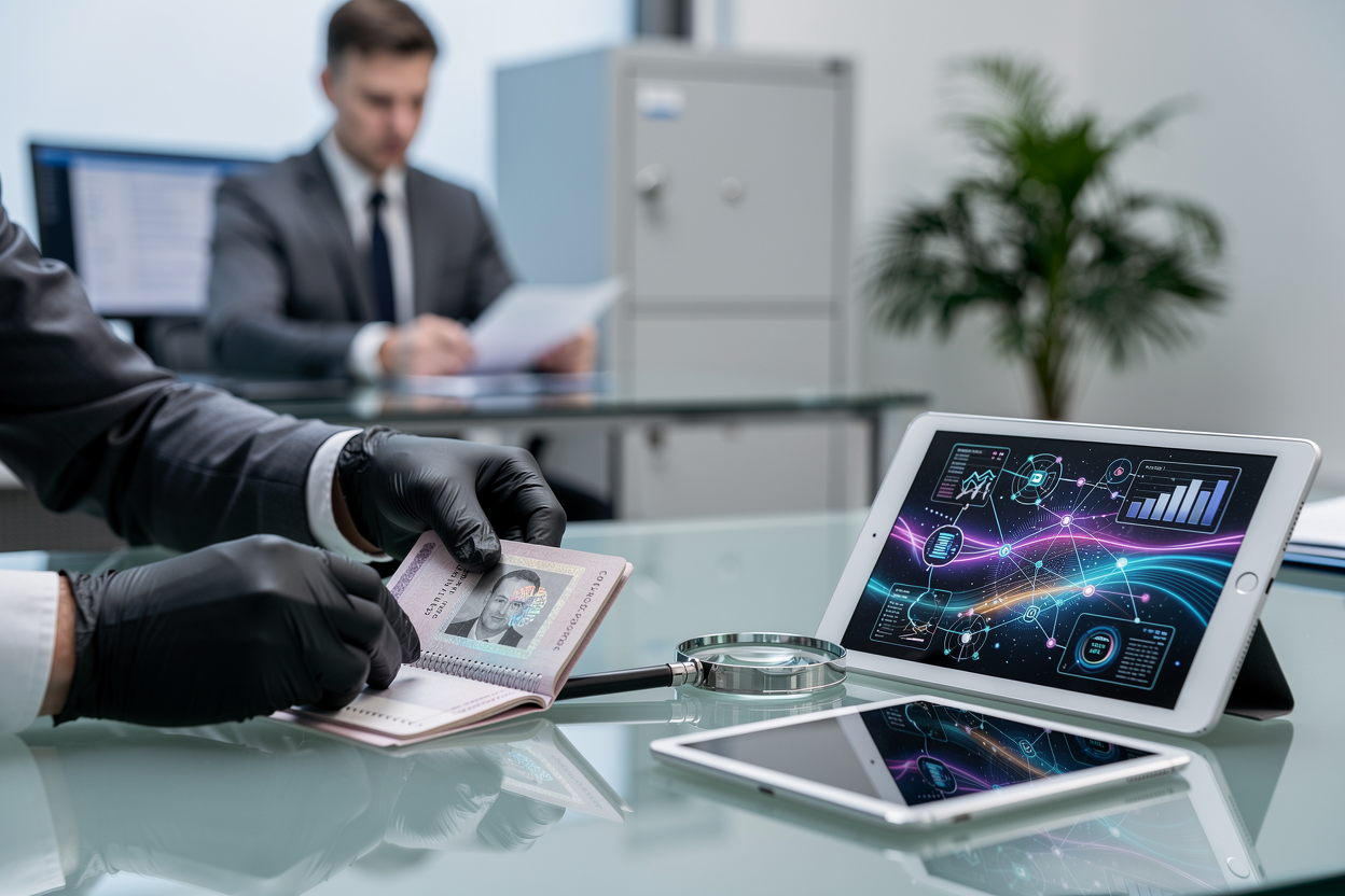 Процесс тщательной проверки паспорта и документов в современном офисе для оформления займа.