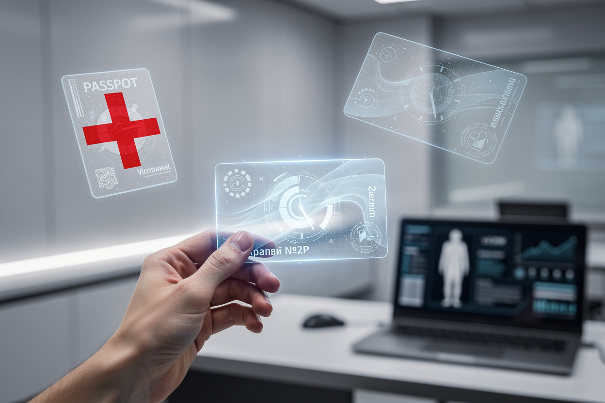 Символичное изображение временного удостоверения личности в виде светящейся карты с абстрактными узорами, окружённой другими документами в футуристическом офисе.