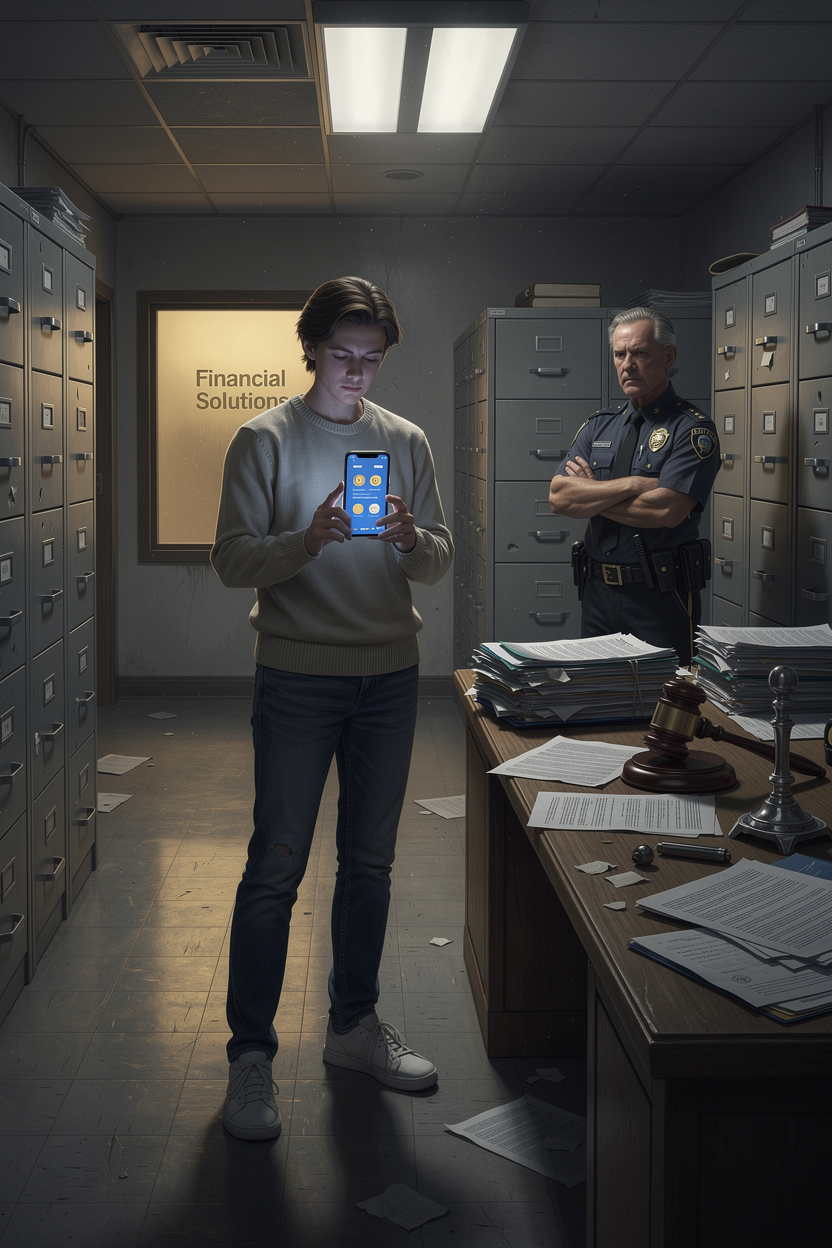 Человек в офисе судебных приставов размышляет о получении займа, глядя на телефон, в то время как пристав наблюдает за ним.