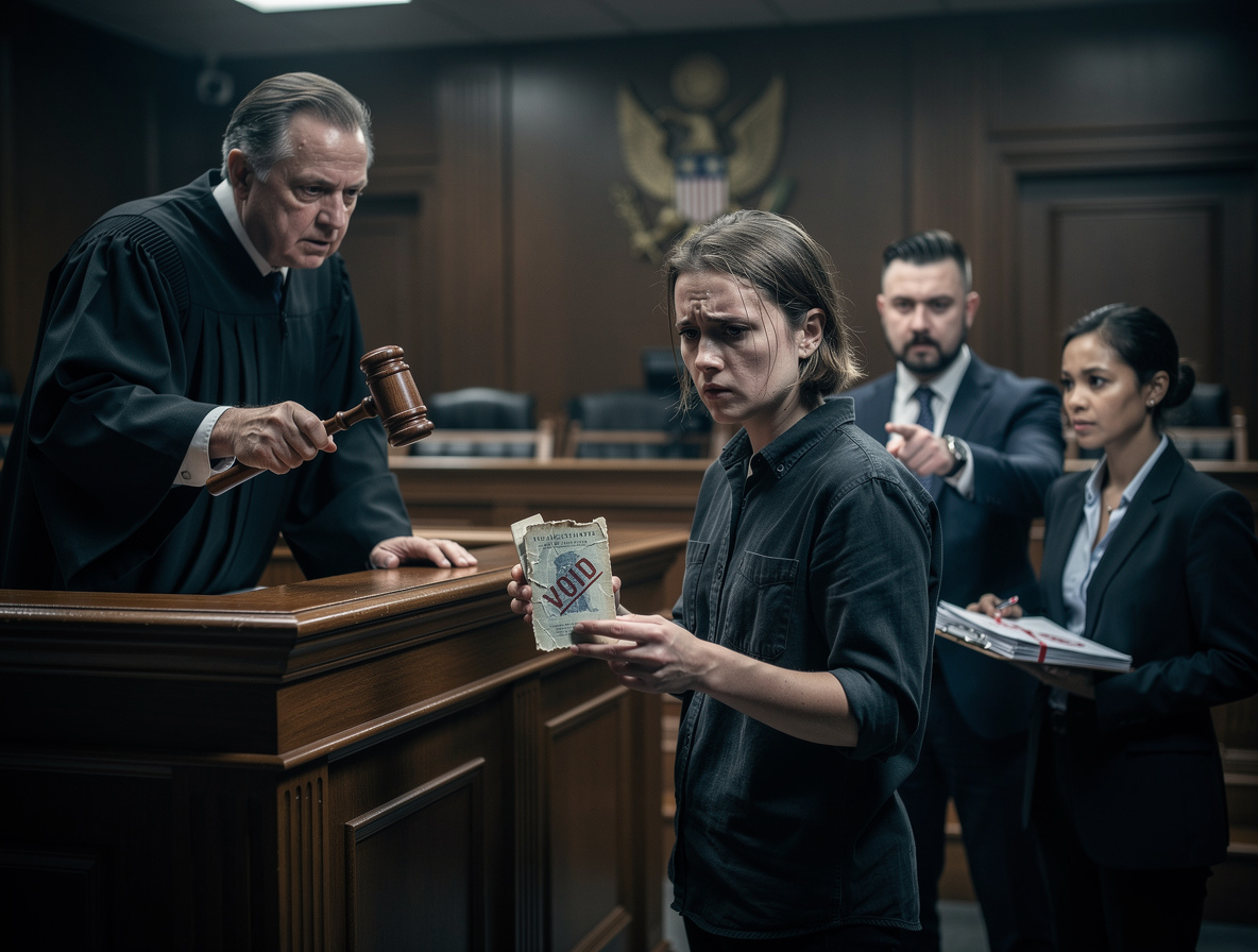 Тревожный человек в зале суда держит недействительный паспорт с печатью 'аннулировано', судья с молотком и юристы указывают на документ, символизируя юридические последствия.