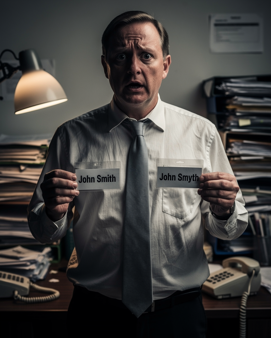 Человек в офисной обстановке с двумя похожими бейджами, выражающий замешательство из-за путаницы с тезками и долговыми требованиями.