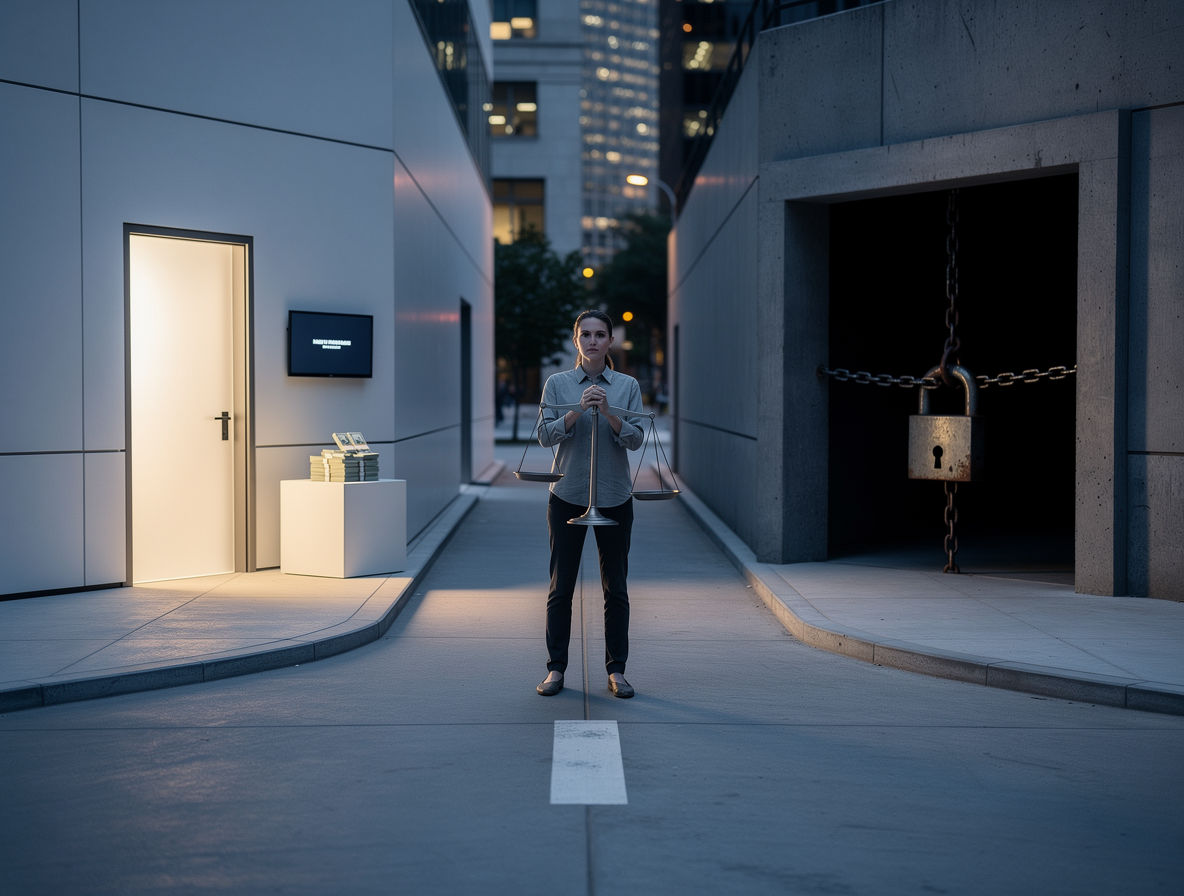 Человек на перепутье с весами, символизирующий выбор между доступностью микрозаймов и рисками просрочек.