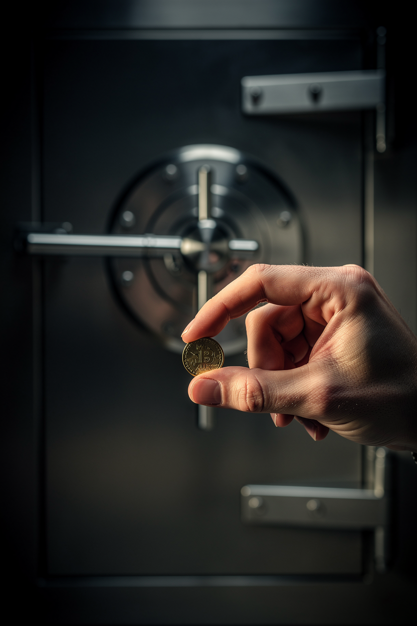 Рука с маленькой монеткой тянется к закрытому сейфу, символизируя недостаток средств для крупного займа.