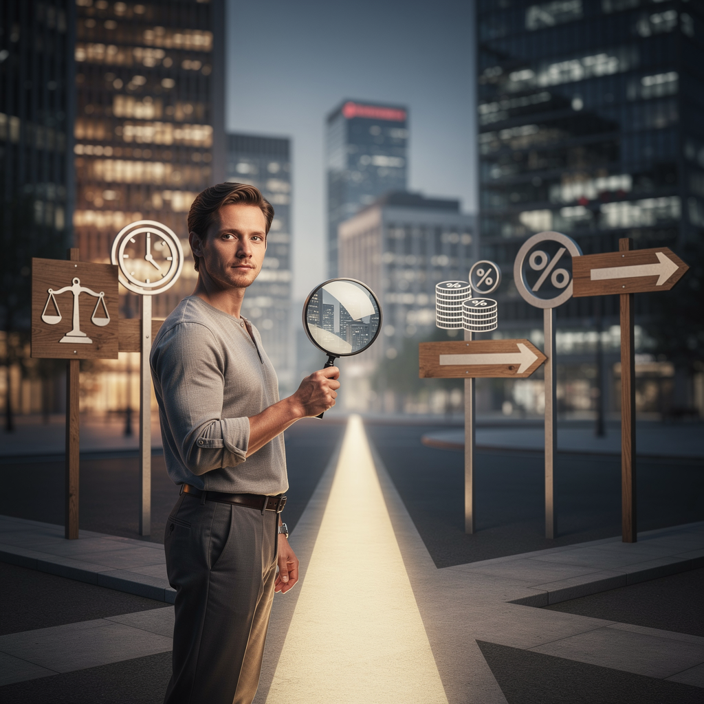 Человек на перекрестке с лупа, символизирующий сравнение предложений МФО для заемщиков с просрочками.
