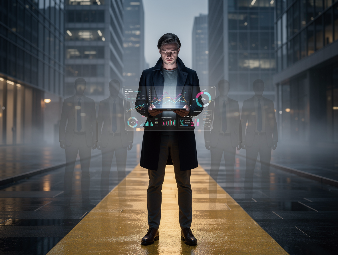 Человек на перепутье в финансовом районе, анализирующий данные о займах на планшете, символизируя взвешенный выбор при плохой кредитной истории.