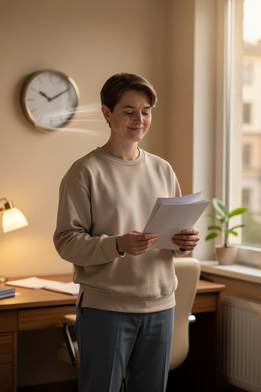 Человек с облегчением держит документ в уютном кабинете, символизируя пролонгацию кредита и финансовую стабильность.