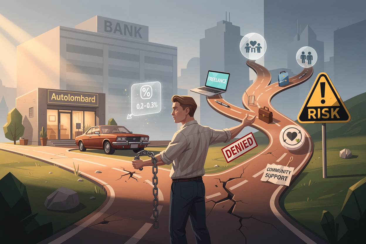 Человек на перекрёстке, выбирающий альтернативные пути получения денег, включая автоломбард, после отказа в займе.