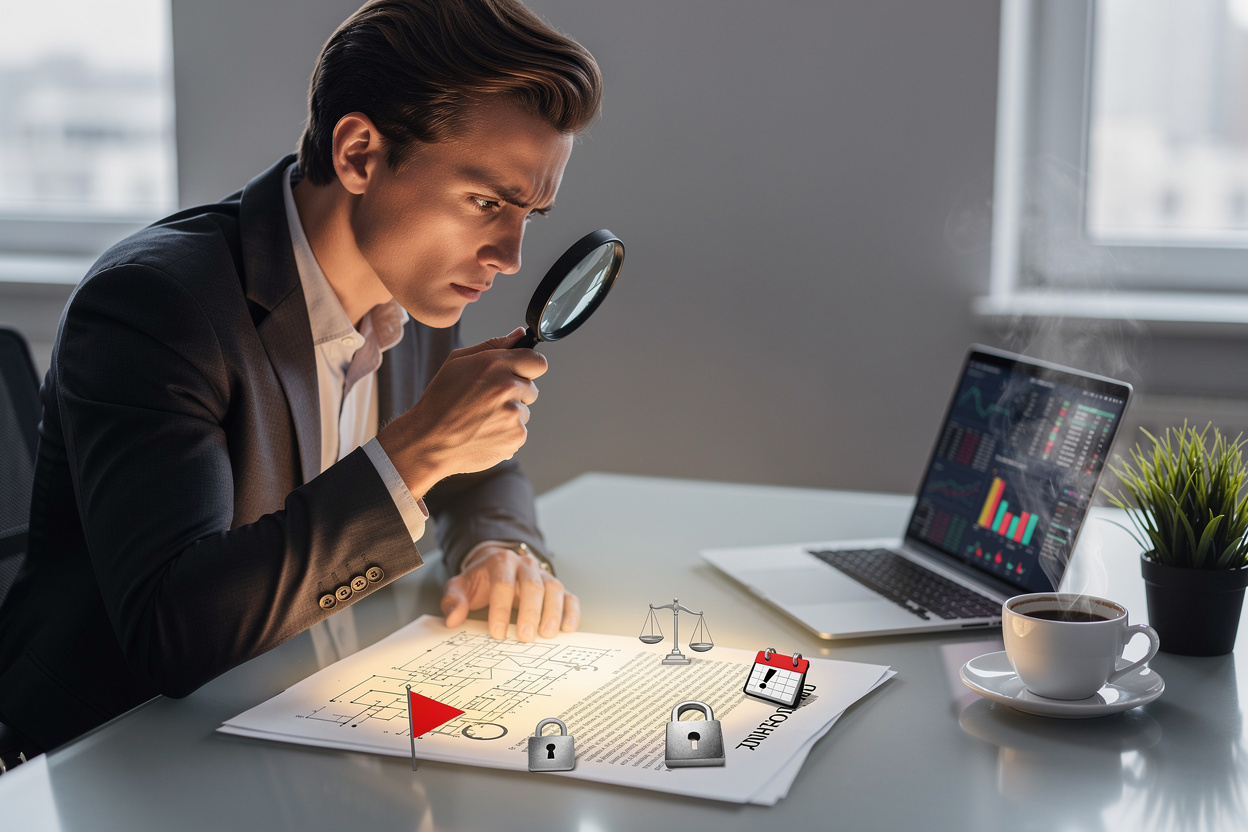 Человек внимательно изучает договор с микрофинансовой организацией в офисе, используя лупу для проверки ключевых условий.