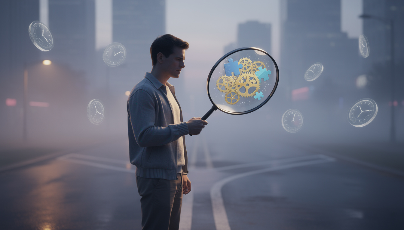 Человек на перепутье в туманном городе, рассматривающий через лупу сложные механизмы, символизирующие вопросы о микрозаймах и долгах.