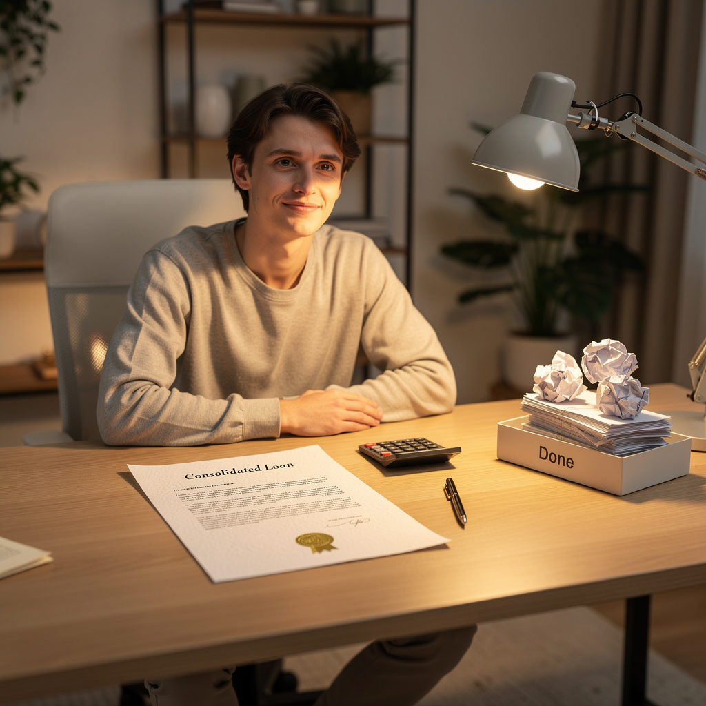 Человек в домашнем офисе упорядочивает множество старых долгов в один новый консолидирующий заём, символизируя облегчение и организацию финансов.