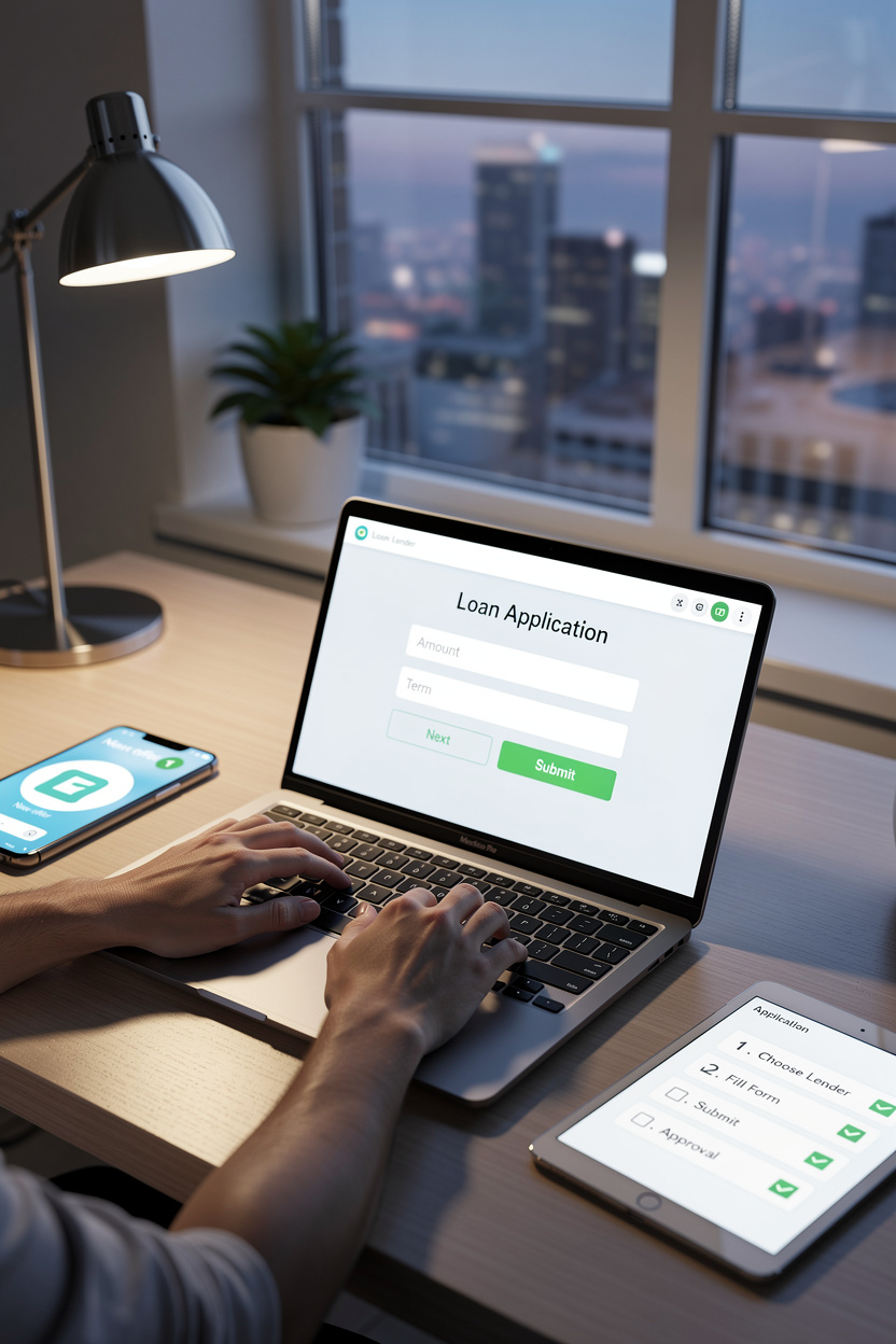 Руки человека заполняют заявку на займ на ноутбуке в современном домашнем офисе, с телефоном и планшетом рядом, показывая процесс онлайн-оформления.