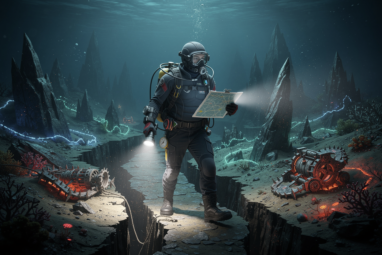 Человек с фонариком и картой осторожно движется через подводный пейзаж с острыми скалами и скрытыми ловушками, символизируя минимизацию рисков.