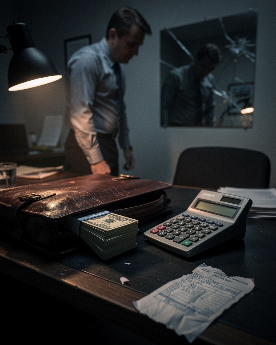 Изображение затемнённого офисного стола с конвертом зарплаты, символизирующее скрытые доходы и их последствия.