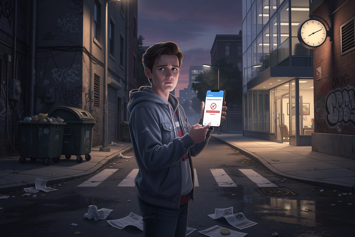 Человек на перекрёстке с телефоном, показывающим отказ в кредите, и документами на земле, символизируя выбор между избеганием и переговорами по долгам.