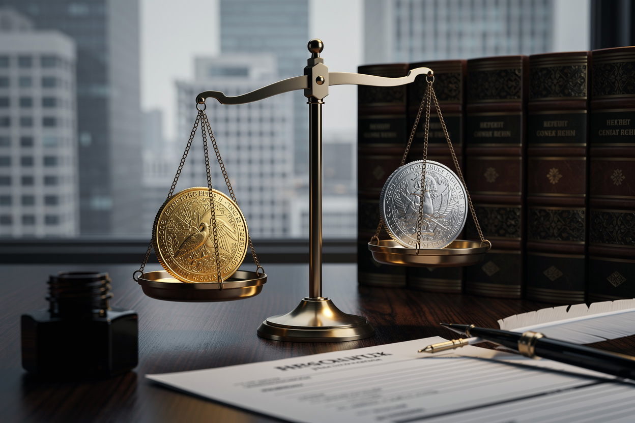 Весы правосудия с монетами, символизирующие приоритет первичного кредитора при повторном залоге на фоне юридических книг.