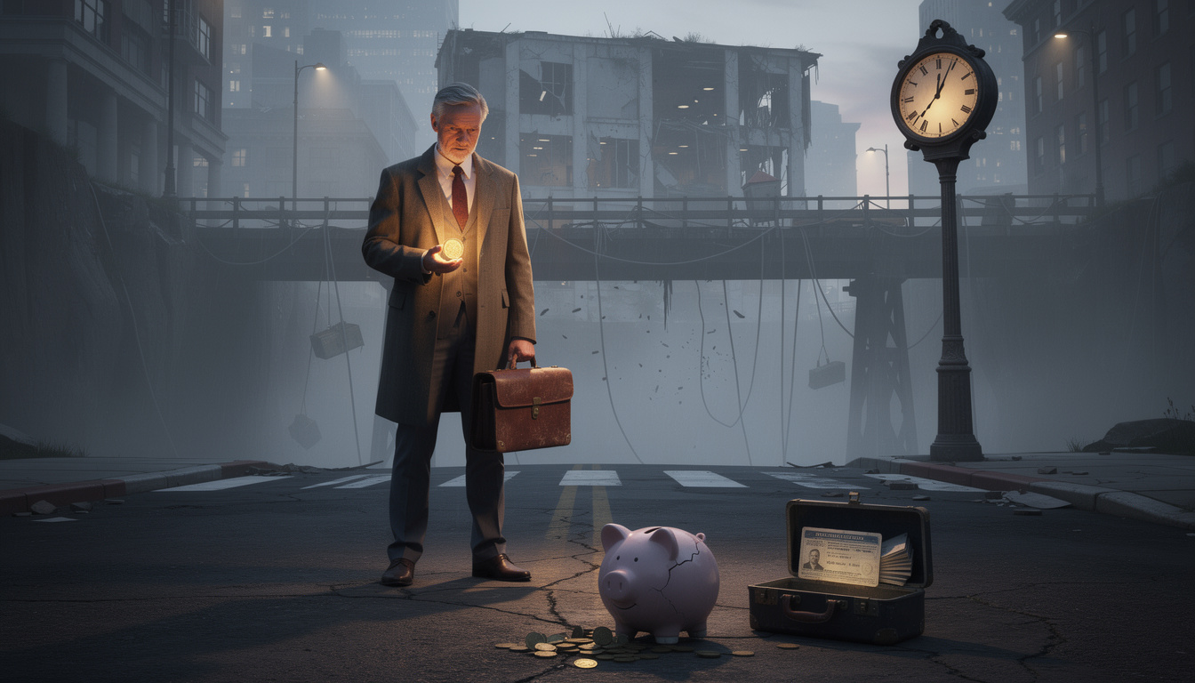 Сотрудник на перепутье: держит монету как временную выгоду, но позади него видны риски потери пенсии и кредитных проблем в туманном городе.
