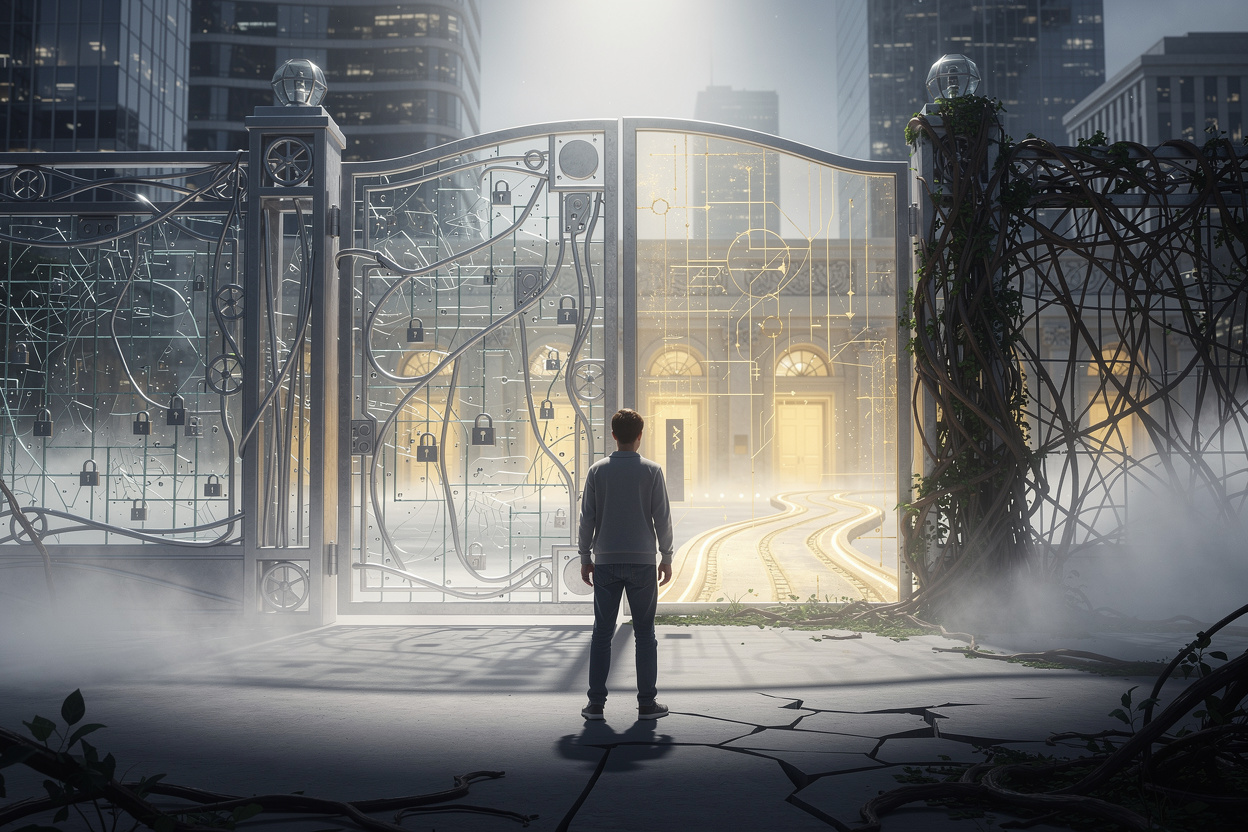 Человек перед воротами, символизирующими препятствие для получения кредита из-за отсутствия кредитной истории.