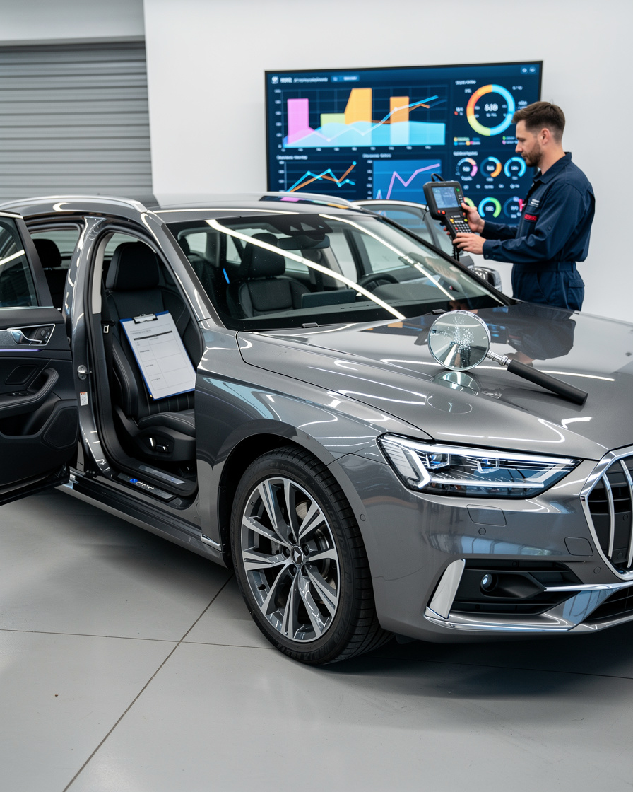 Современный седан в центре оценки автомобилей, где проводится детальный осмотр и проверка требований.