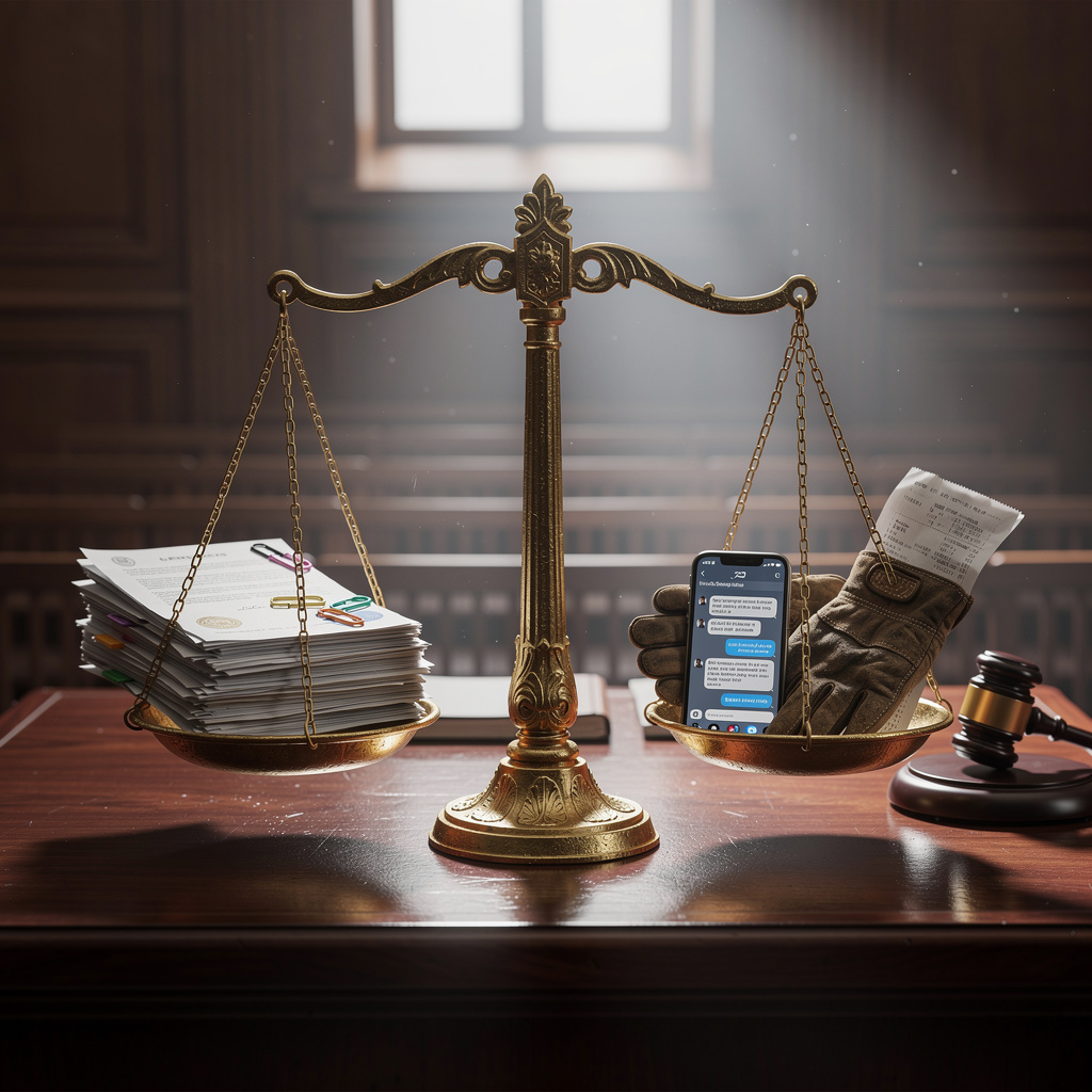 Сбалансированные весы правосудия на судейском столе с официальными документами и неформальными доказательствами в зале суда.