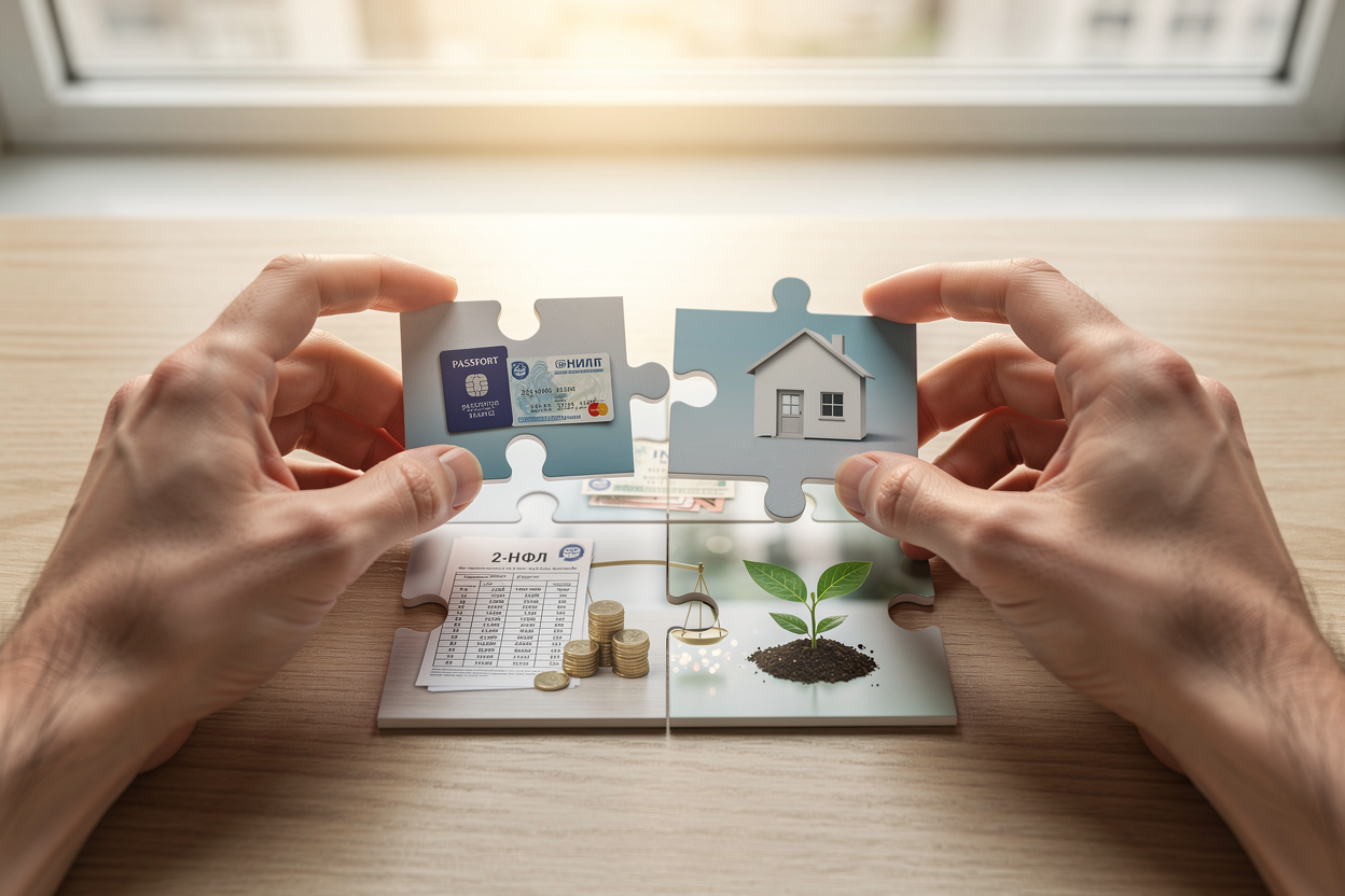 Молодые руки собирают пазл из элементов финансовой документации и активов на столе, символизируя построение кредитной истории с нуля.