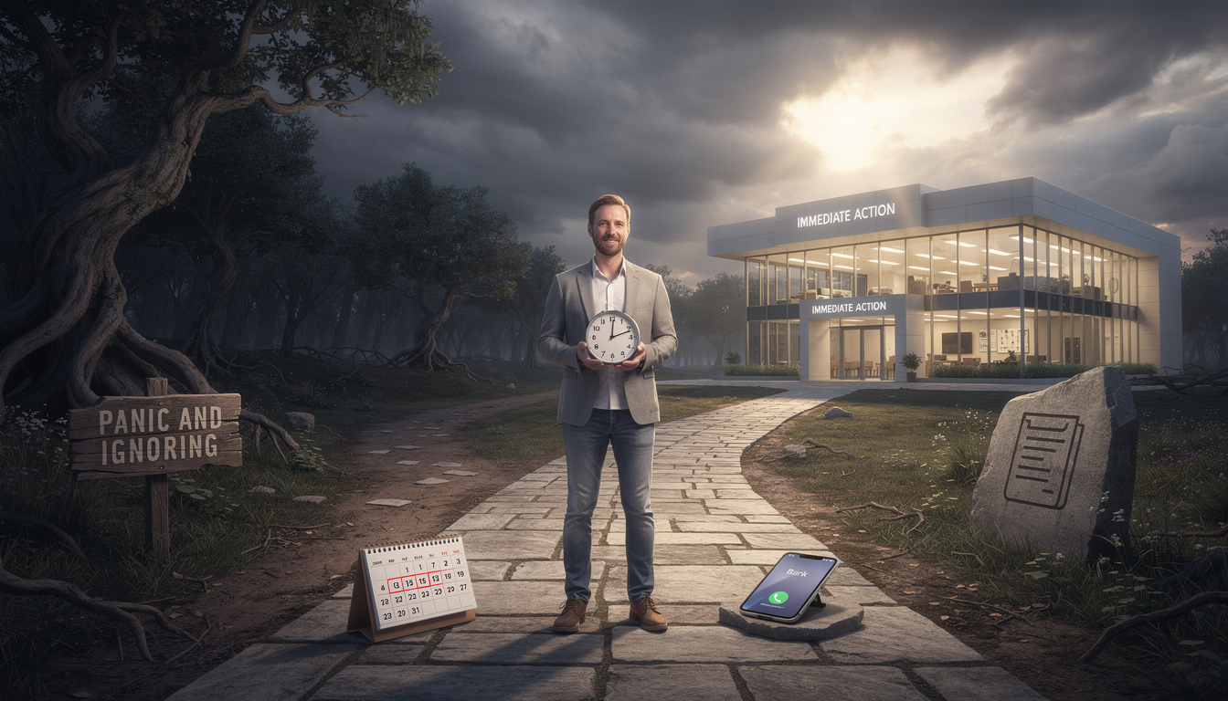 Человек на перепутье между паникой и быстрыми действиями в финансовом ландшафте с символами времени и коммуникации.