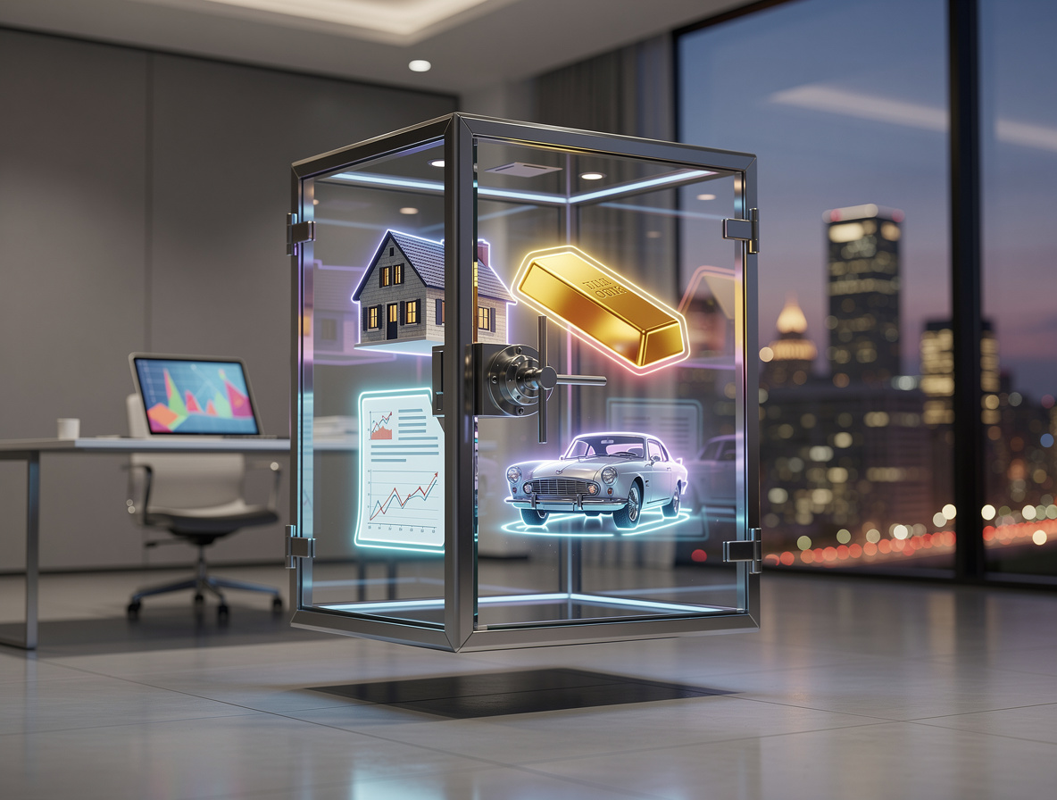 Прозрачный сейф с голографическими иконами активов в современном офисе.