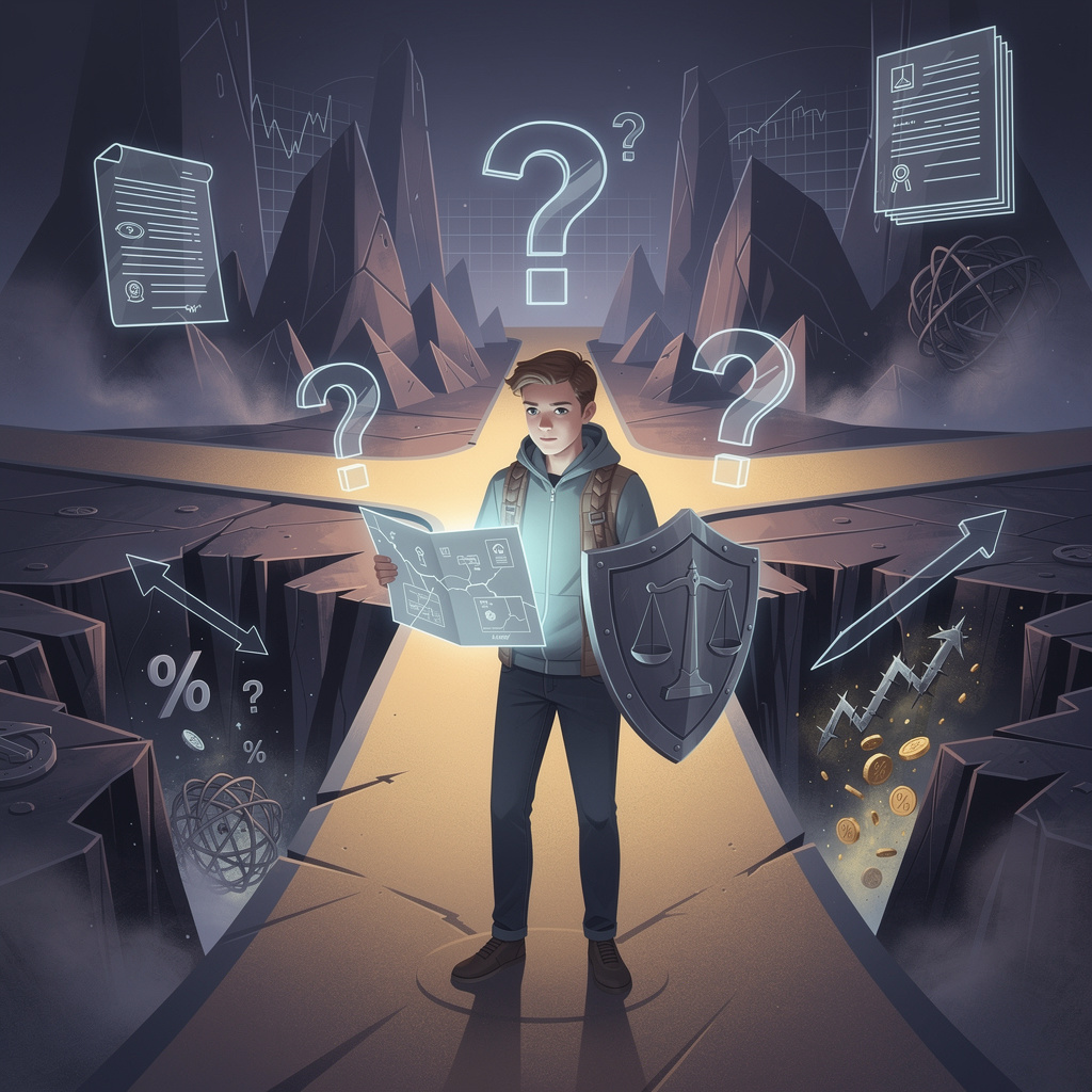 Молодой человек на перепутье в финансовом ландшафте, избегая скрытых ловушек первого кредита с помощью знаний и прав.