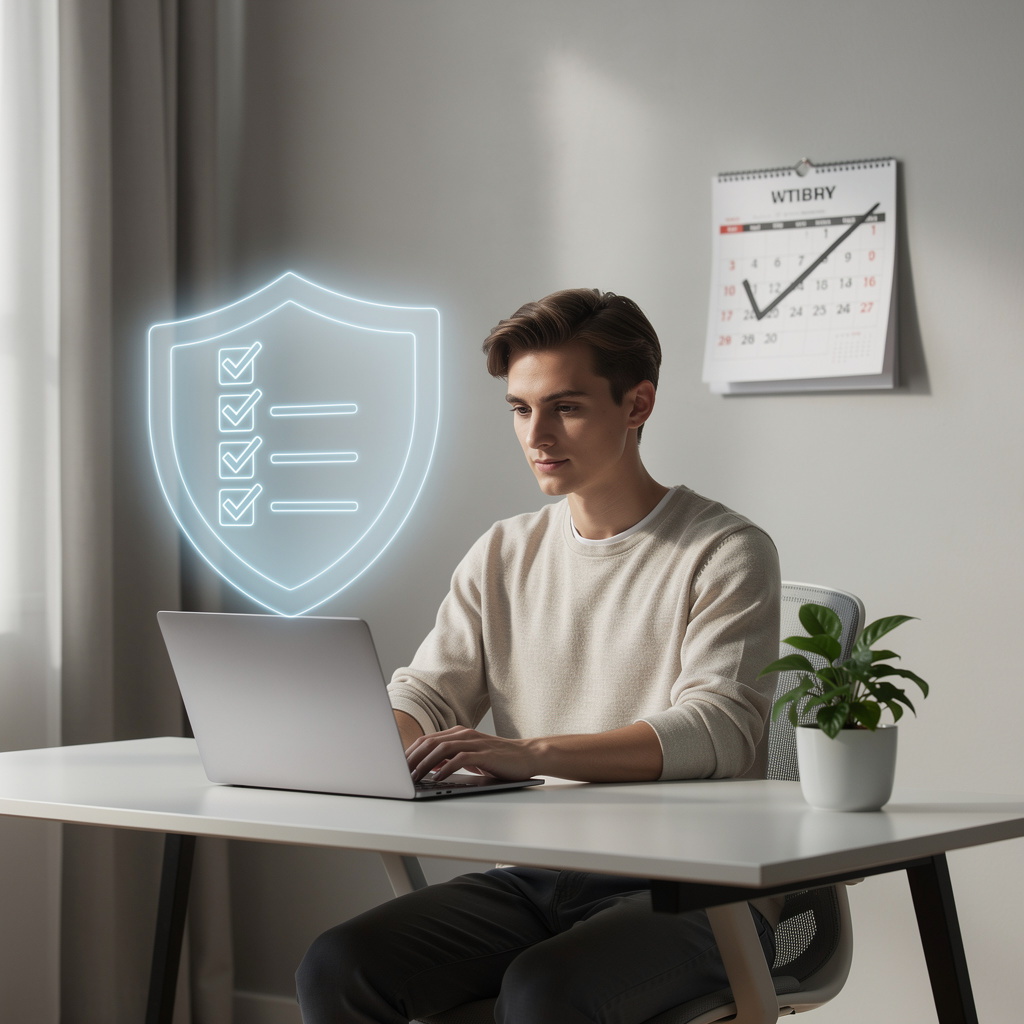 Человек за ноутбуком в домашнем офисе с символами надёжности и простоты процесса получения беспроцентного займа.