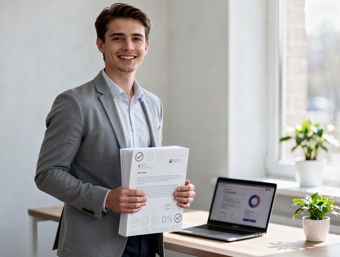 Молодой специалист с документами для займа под 0% в современном офисе.