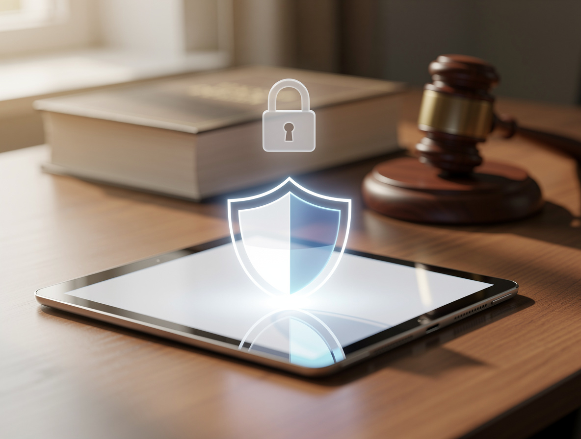 Планшет с иконкой щита на экране на фоне юридических атрибутов, символизирующих безопасность онлайн-займов.