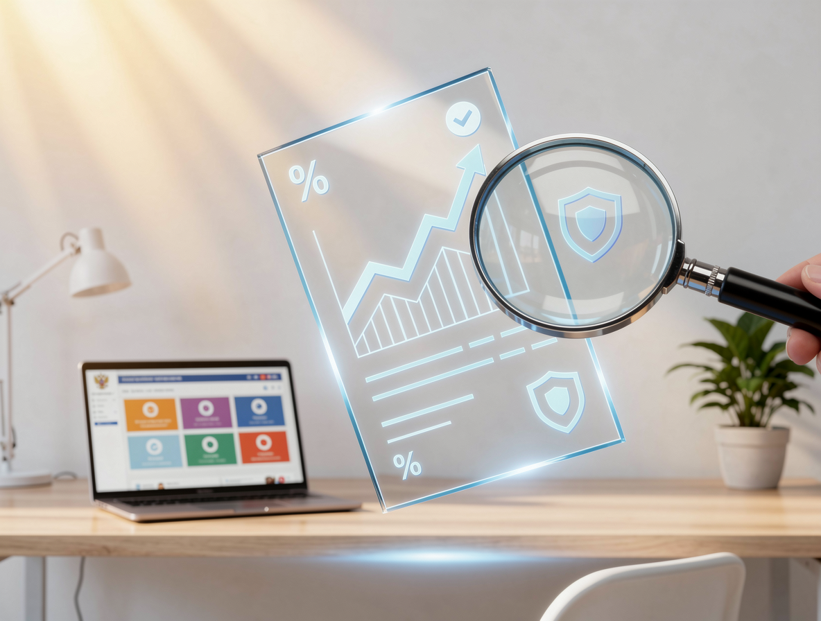 Прозрачный кредитный отчёт с финансовыми символами, исследуемый в современном офисе