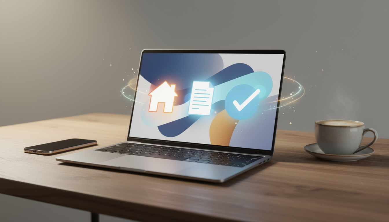 Ноутбук на столе с иконками госуслуг на экране, символизирующий удобство онлайн-оформления.