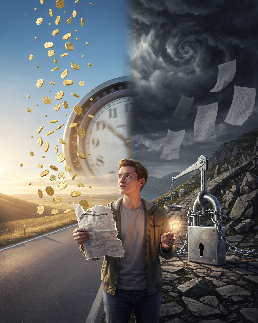Человек на распутье между быстрыми деньгами под дождём из монет и рискованной дорогой с барьерами и штормом, держа порванную кредитную историю.